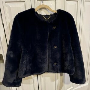 J. Crew Faux Fur Cropped Jacket, Navy, Small